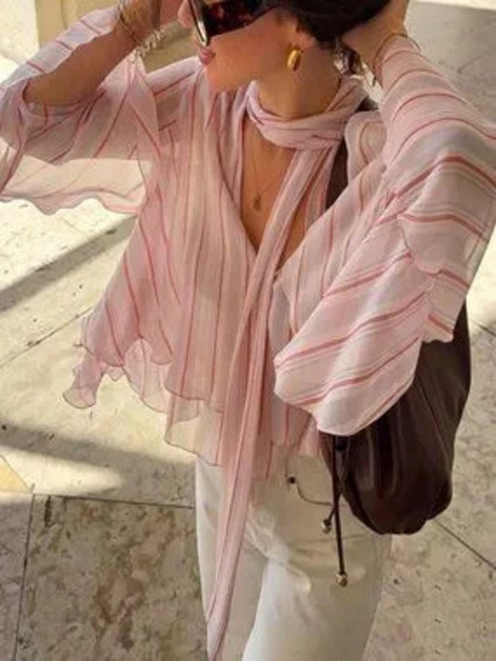 ZARA Baby Pink Casual Women's Striped Chiffon Blouse with Ruffle Trim